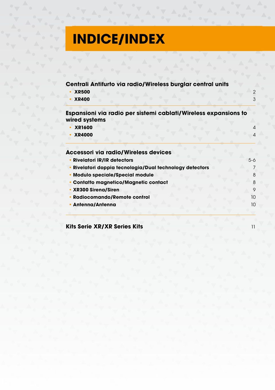 IR/IR detectors 56 Rivelatori doppia tecnologia/dual technology detectors 7 Modulo speciale/special module 8 Contatto