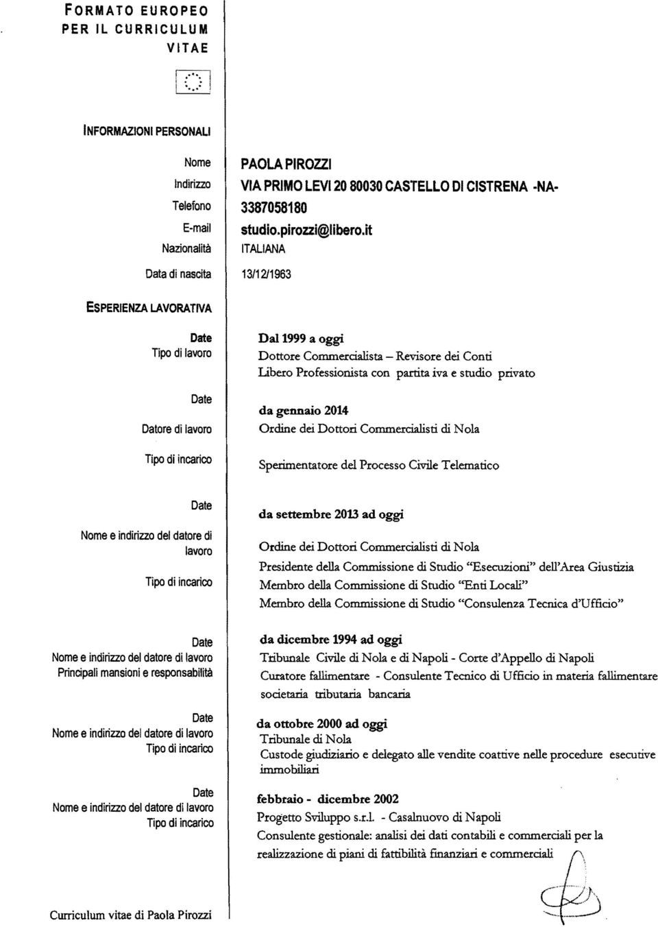 it ITALIANA 13/12/1963 ESPERIENZA LAVORATIVA Datore di Da11999 a oggi Dottore Commercialista - Revisore dei Conti Libero Professionista con partita iva e studio privato da gennaio 2014 Ordine dei