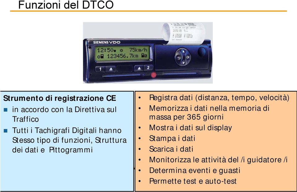 (distanza, tempo, velocità) Memorizza i dati nella memoria di massa per 365 giorni Mostra i dati sul