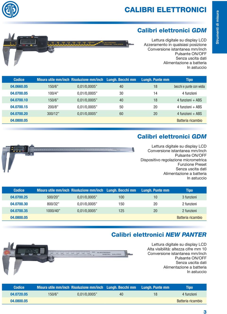 0700.20 300/12 0,01/0,0005 60 20 4 funzioni + ABS Calibri elettronici GDM Pulsante ON/OFF Dispositivo regolazione micrometrica Funzione Preset Senza uscita dati Codice Misura utile mm/inch