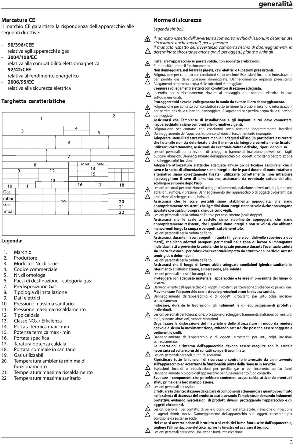 Produttore 3. Modello - Nr. di serie 4. Codice commerciale 5. Nr. di omologa 6. Paesi di destinazione - categoria gas 7. Predisposizione Gas 8. Tipologia di installazione 9. Dati elettrici 0.