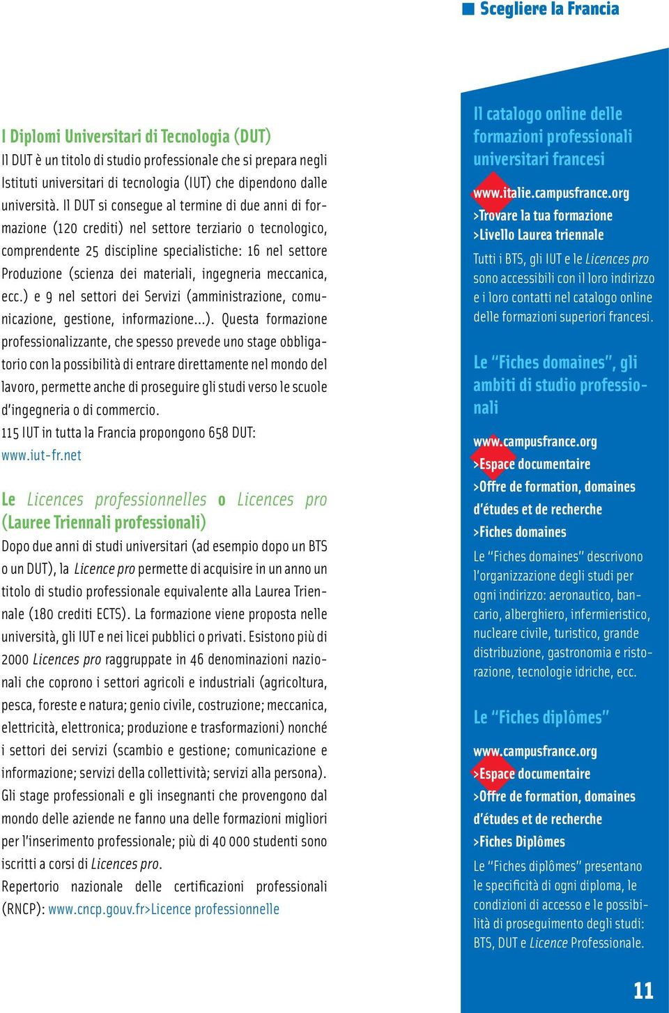 Il DUT si consegue al termine di due anni di formazione (120 crediti) nel settore terziario o tecnologico, comprendente 25 discipline specialistiche: 16 nel settore Produzione (scienza dei materiali,