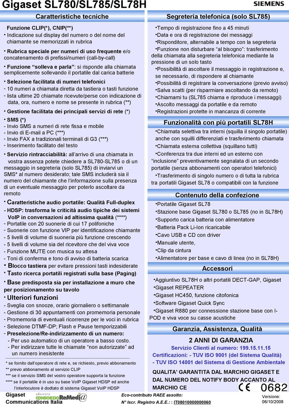 batterie Selezione facilitata di numeri telefonici - 10 numeri a chiamata diretta da tastiera o tasti funzione - lista ultime 20 chiamate ricevute/perse con indicazione di data, ora, numero e nome se