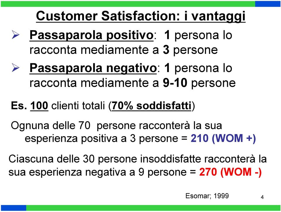 100 clienti totali (70% soddisfatti) Ognuna delle 70 persone racconterà la sua esperienza positiva a 3