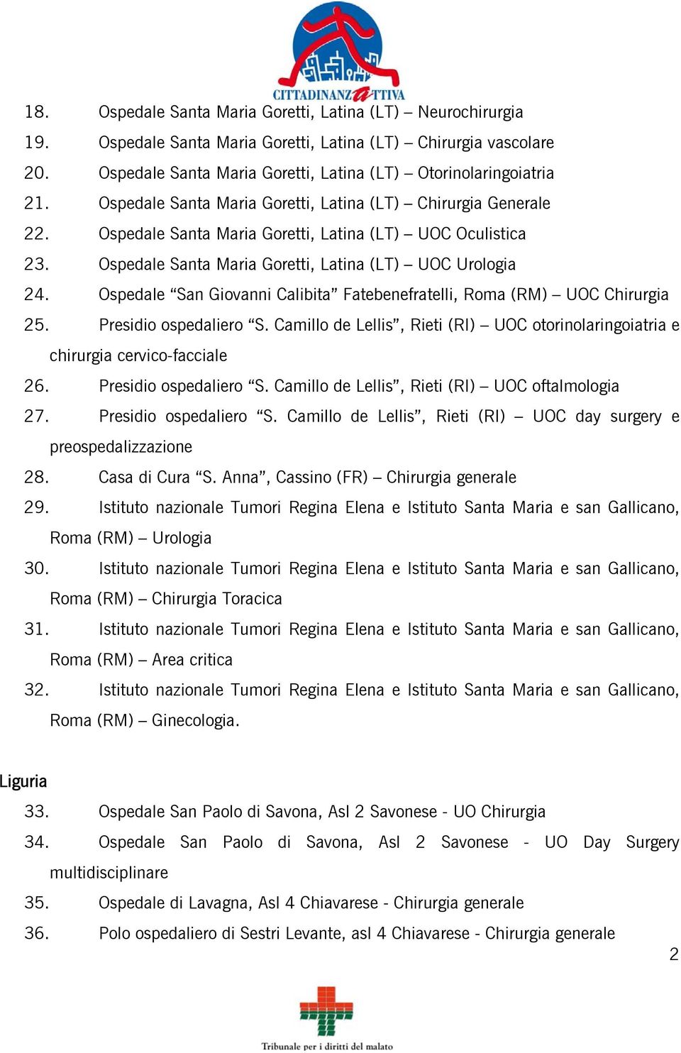 Ospedale San Giovanni Calibita Fatebenefratelli, Roma (RM) UOC Chirurgia 25. Presidio ospedaliero S. Camillo de Lellis, Rieti (RI) UOC otorinolaringoiatria e chirurgia cervico-facciale 26.