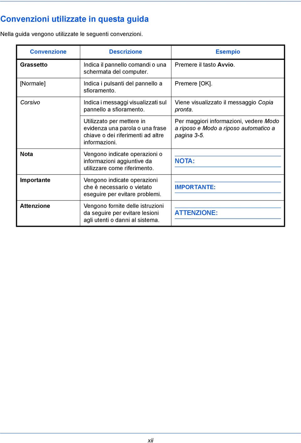 Indica i messaggi visualizzati sul pannello a sfioramento. Utilizzato per mettere in evidenza una parola o una frase chiave o dei riferimenti ad altre informazioni.