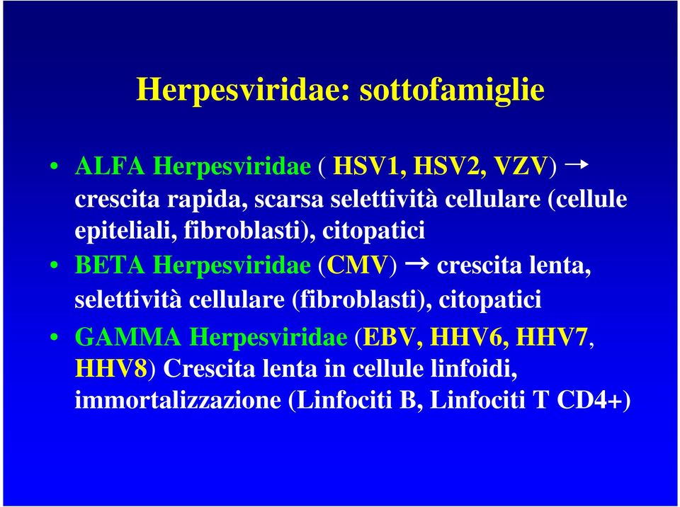 crescita lenta, selettività cellulare (fibroblasti), citopatici GAMMA Herpesviridae (EBV,