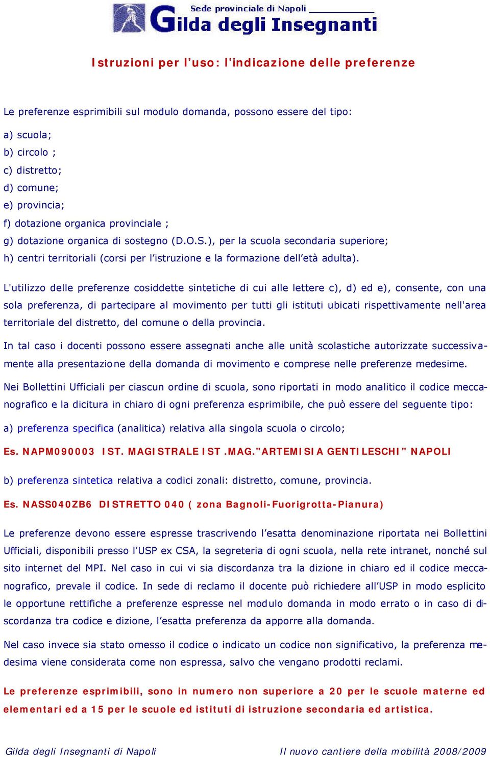 L'utilizzo delle preferenze cosiddette sintetiche di cui alle lettere c), d) ed e), consente, con una sola preferenza, di partecipare al movimento per tutti gli istituti ubicati rispettivamente