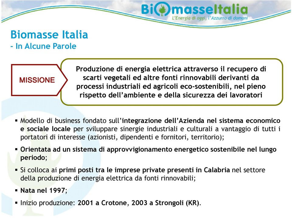 sinergie industriali e culturali a vantaggio di tutti i portatori di interesse (azionisti, dipendenti e fornitori, territorio); Orientata ad un sistema di approvvigionamento energetico sostenibile