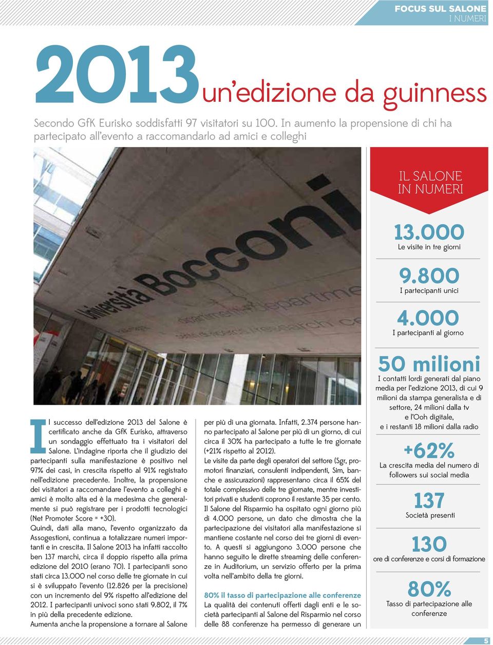 000 I partecipanti al giorno Il successo dell edizione 2013 del Salone è certificato anche da GfK Eurisko, attraverso un sondaggio effettuato tra i visitatori del Salone.