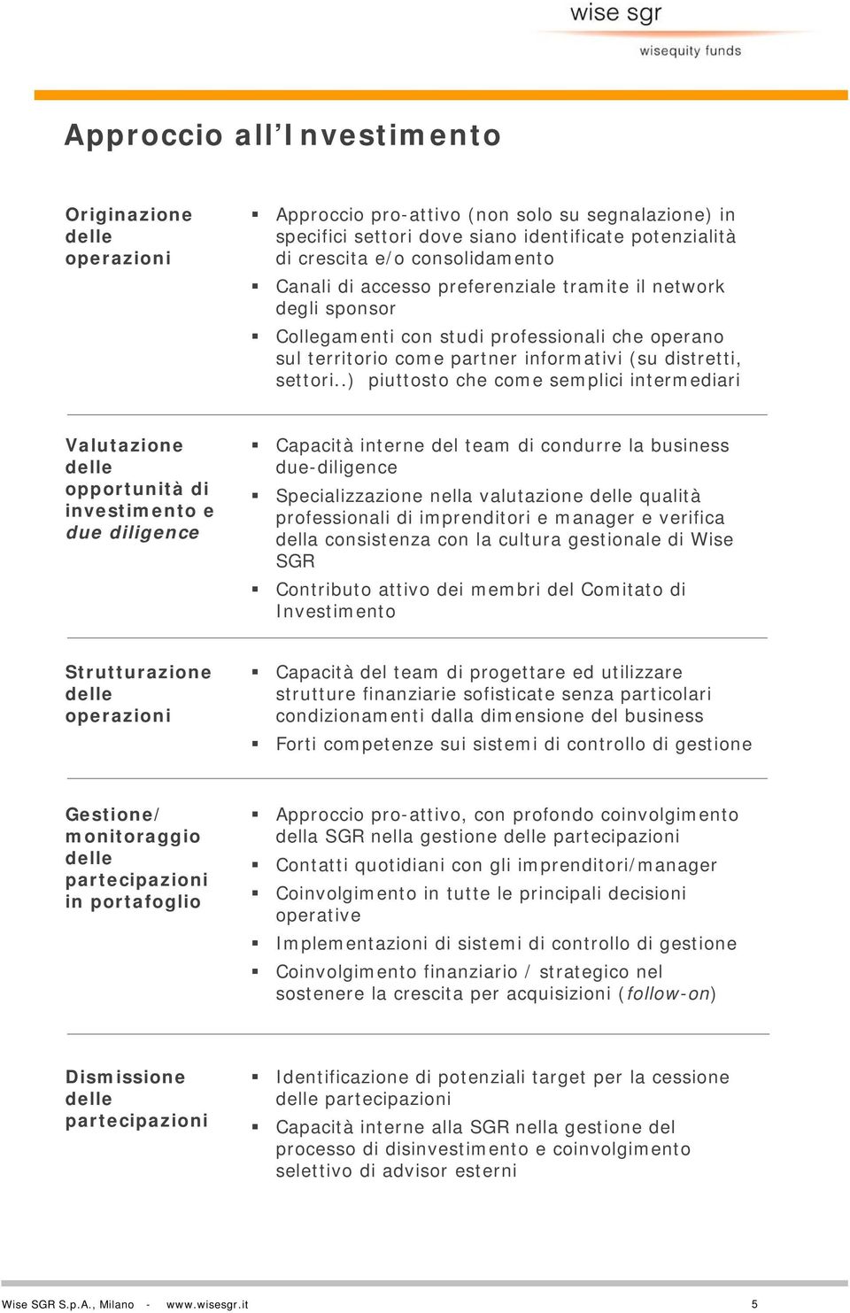 .) piuttosto che come semplici intermediari Valutazione delle opportunità di investimento e due diligence Capacità interne del team di condurre la business due-diligence Specializzazione nella