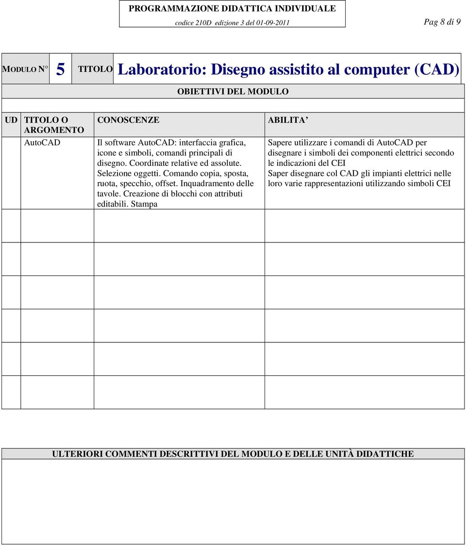 Comando copia, sposta, ruota, specchio, offset. Inquadramento delle tavole. Creazione di blocchi con attributi editabili.