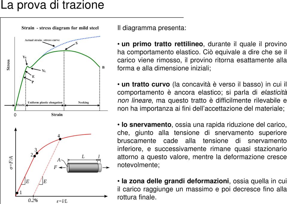 ancora elastico; si parla di elasticità non lineare, ma questo tratto è difficilmente rilevabile e non ha importanza ai fini dell accettazione del materiale; lo snervamento, ossia una rapida