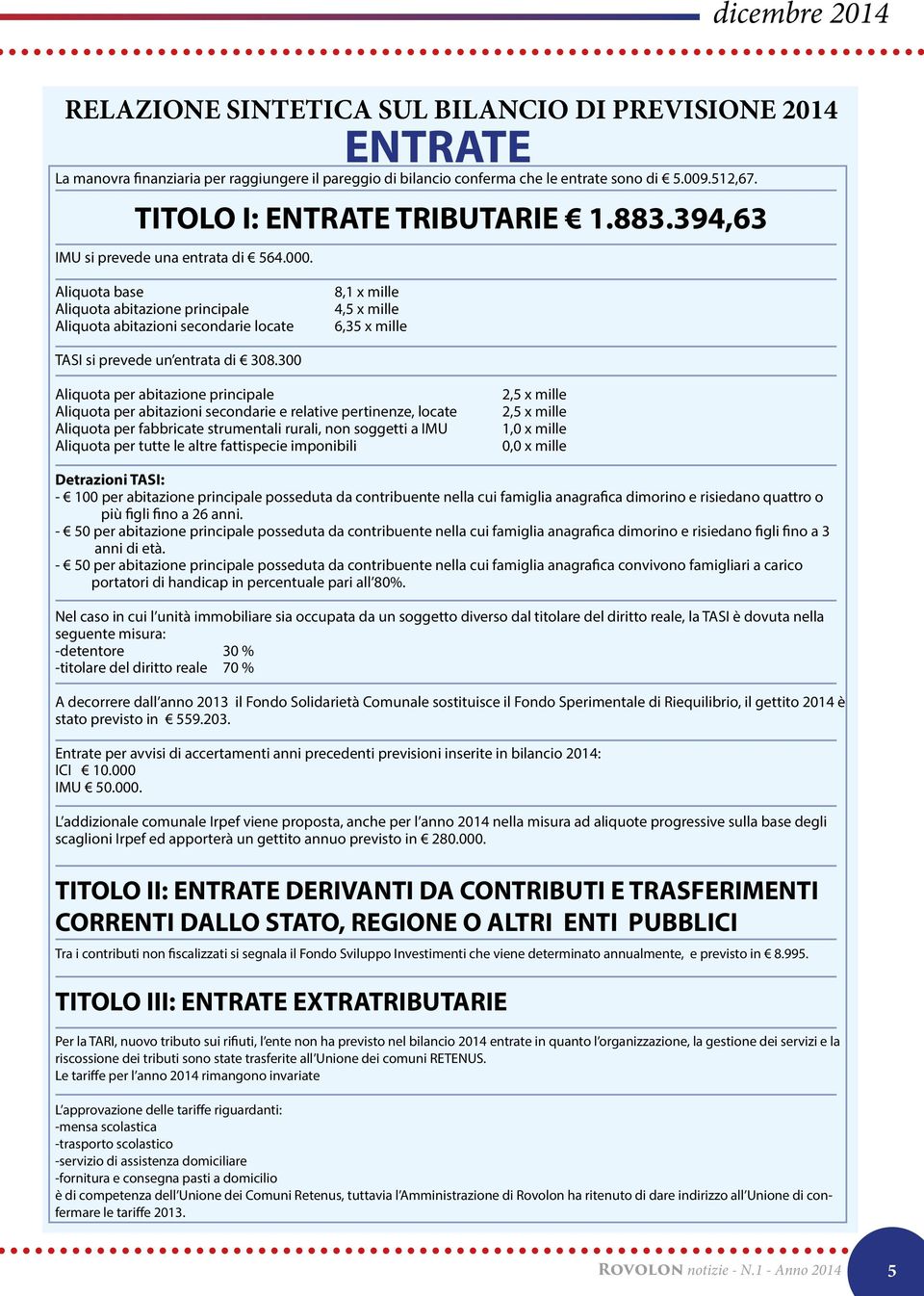 ENTRATE Aliquota base Aliquota abitazione principale Aliquota abitazioni secondarie locate 8,1 x mille 4,5 x mille 6,35 x mille TASI si prevede un entrata di 308.