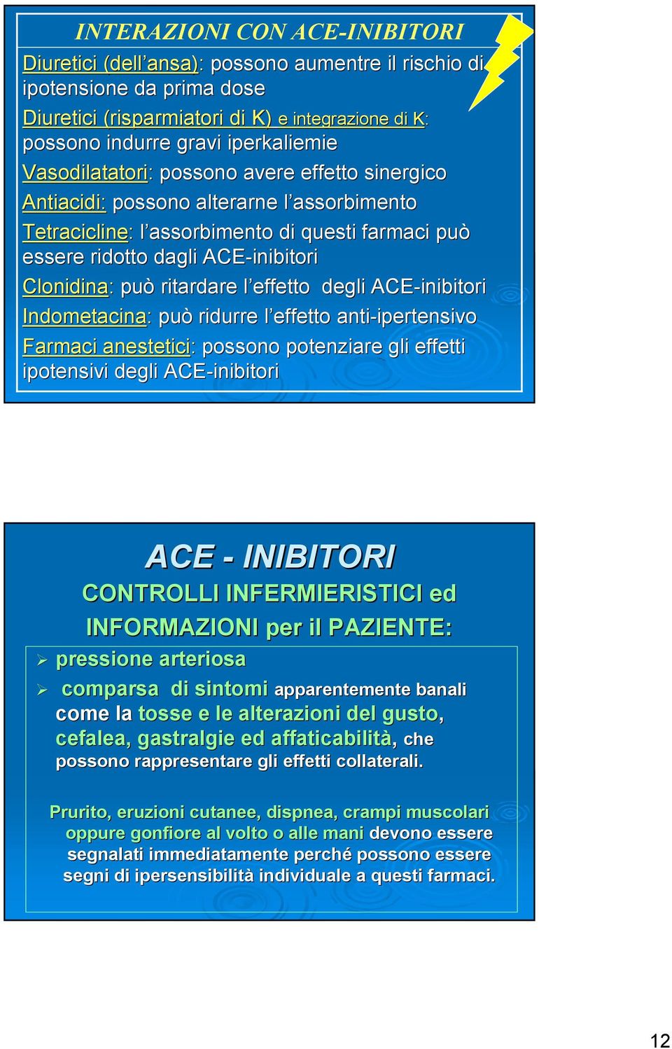 inibitori Clonidina: può ritardare l effetto l effetto degli ACE-inibitori inibitori Indometacina: può ridurre l effetto l anti-ipertensivo ipertensivo Farmaci anestetici: possono potenziare gli