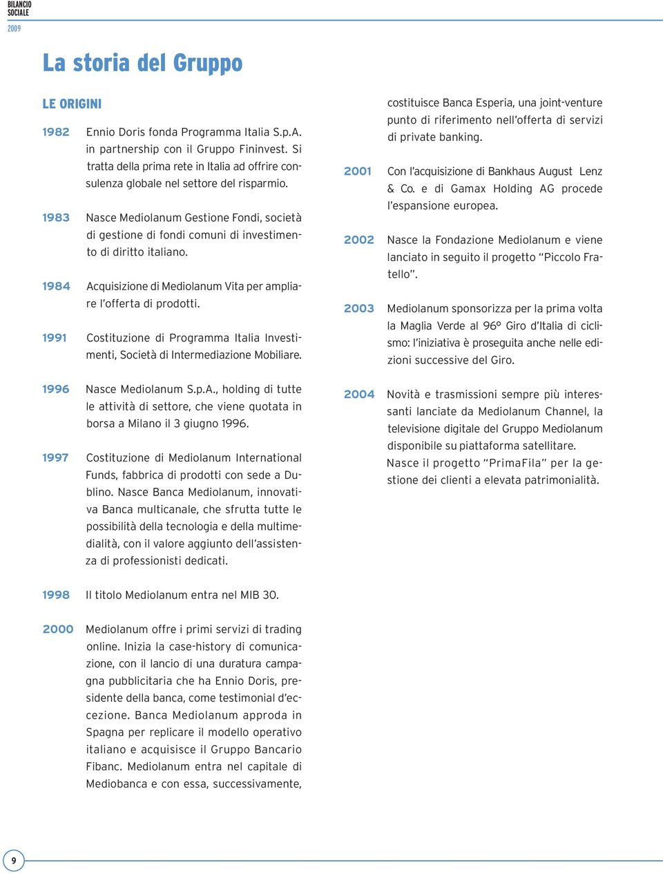 1983 Nasce Mediolanum Gestione Fondi, società di gestione di fondi comuni di investimento di diritto italiano. 1984 Acquisizione di Mediolanum Vita per ampliare l offerta di prodotti.