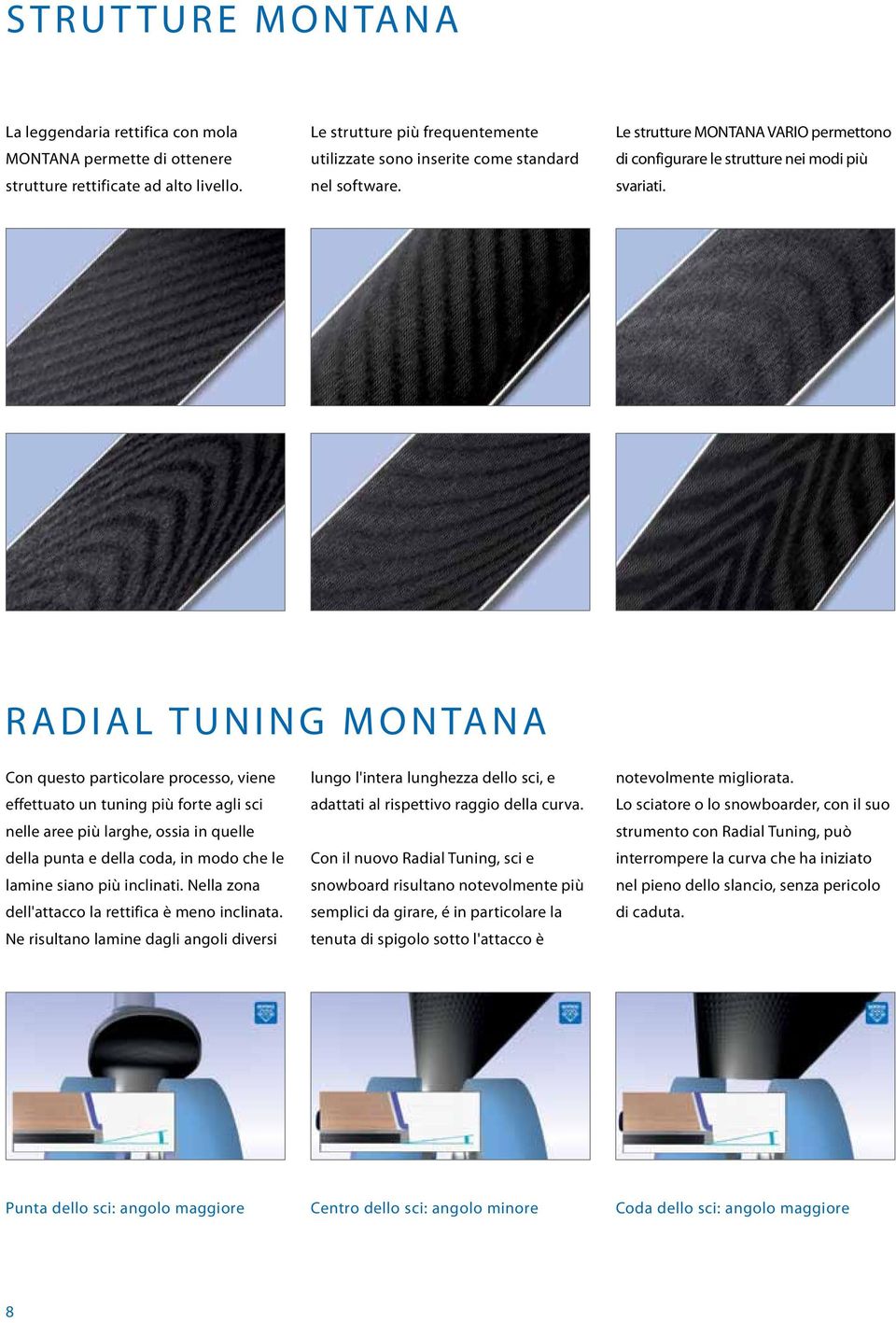 Radial Tuning MONTANA Con questo particolare processo, viene effettuato un tuning più forte agli sci nelle aree più larghe, ossia in quelle della punta e della coda, in modo che le lamine siano più