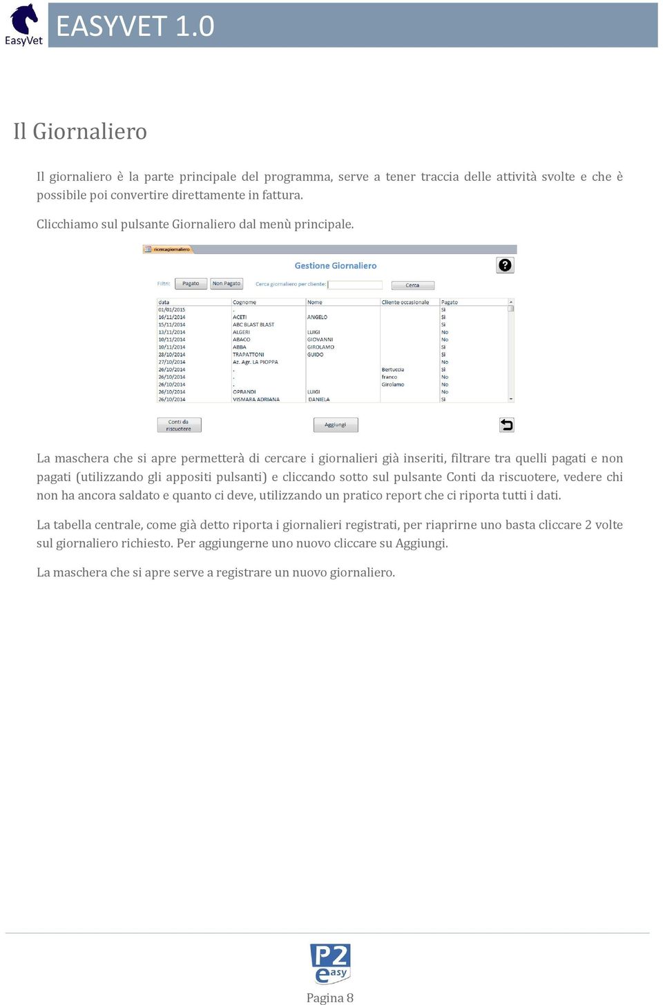 La maschera che si apre permettera di cercare i giornalieri gia inseriti, filtrare tra quelli pagati e non pagati (utilizzando gli appositi pulsanti) e cliccando sotto sul pulsante Conti da