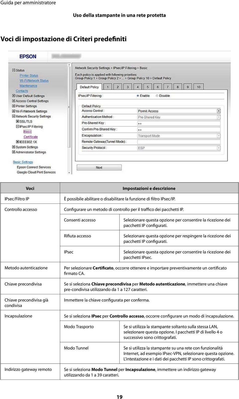 Consenti accesso Rifiuta accesso IPsec Selezionare questa opzione per consentire la ricezione dei pacchetti IP configurati.