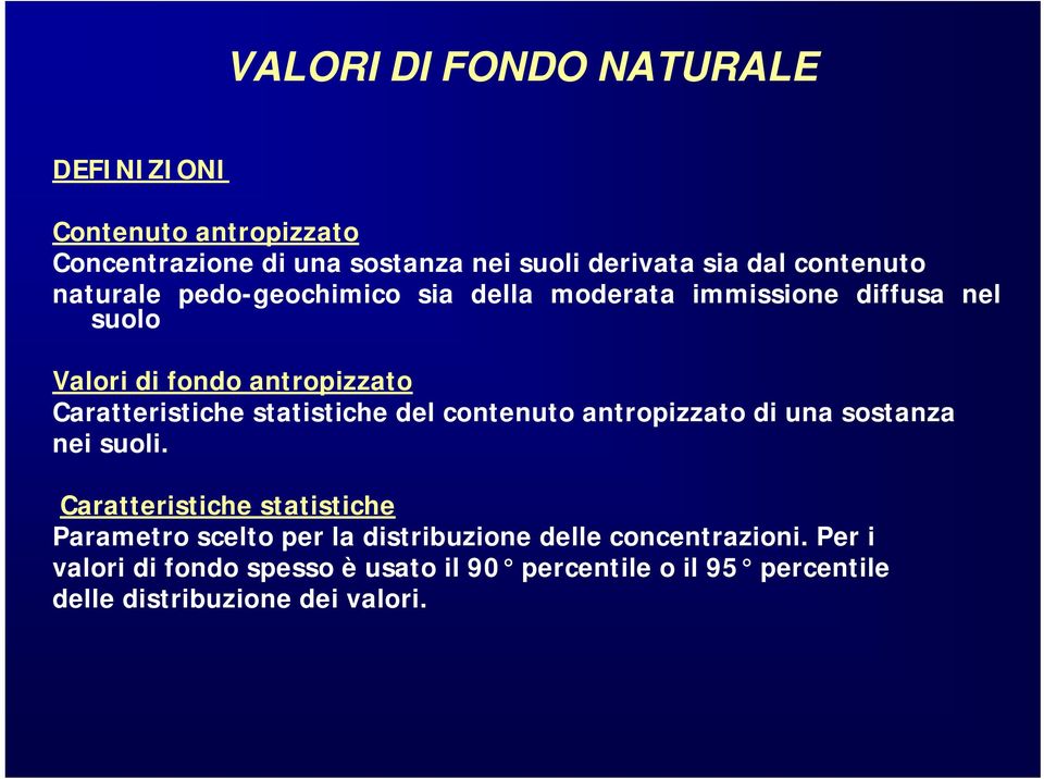 Caratteristiche statistiche del contenuto antropizzato di una sostanza nei suoli.