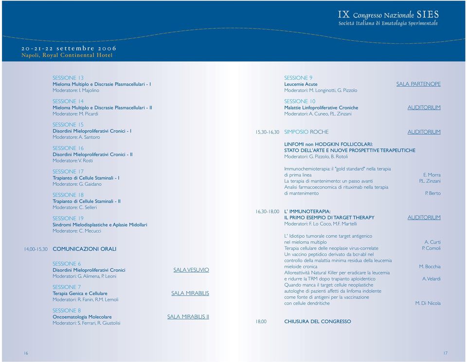 Santoro SESSIONE 16 Disordini Mieloproliferativi Cronici - II Moderatore: V. Rosti SESSIONE 17 Trapianto di Cellule Staminali - I Moderatore: G.