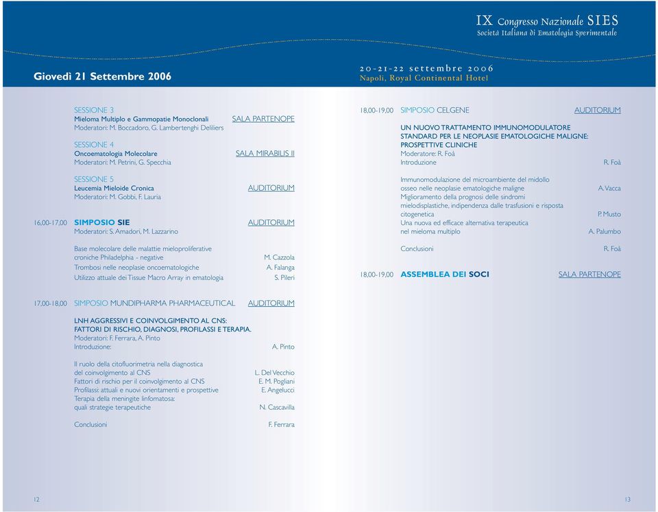 Moderatore: R. Foà Introduzione R. Foà SESSIONE 5 Leucemia Mieloide Cronica Moderatori: M. Gobbi, F. Lauria AUDITORIUM 16,00-17,00 SIMPOSIO SIE AUDITORIUM Moderatori: S. Amadori, M.