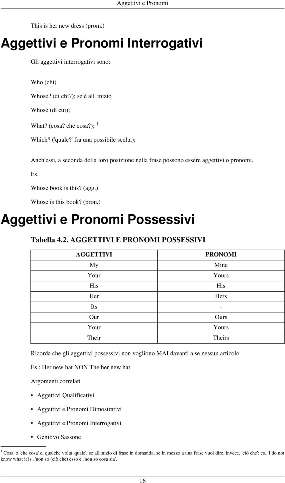 (pron.) Aggettivi e Pronomi Possessivi Tabella 4.2.