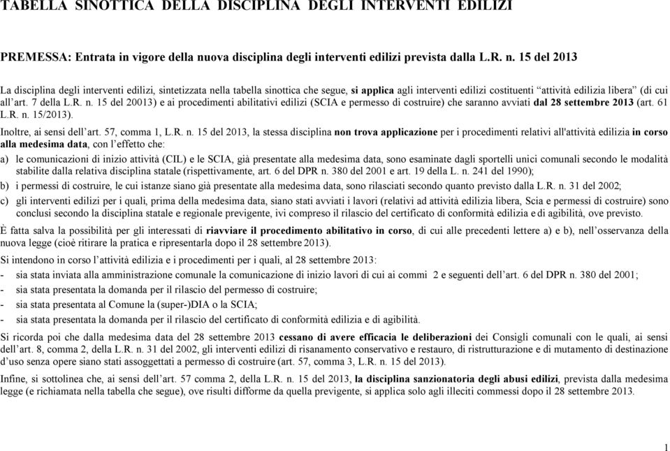 15 del 2013 La disciplina degli interventi edilizi, sintetizzata nella tabella sinottica che segue, si applica agli interventi edilizi costituenti attività edilizia libera (di cui all art. 7 della L.