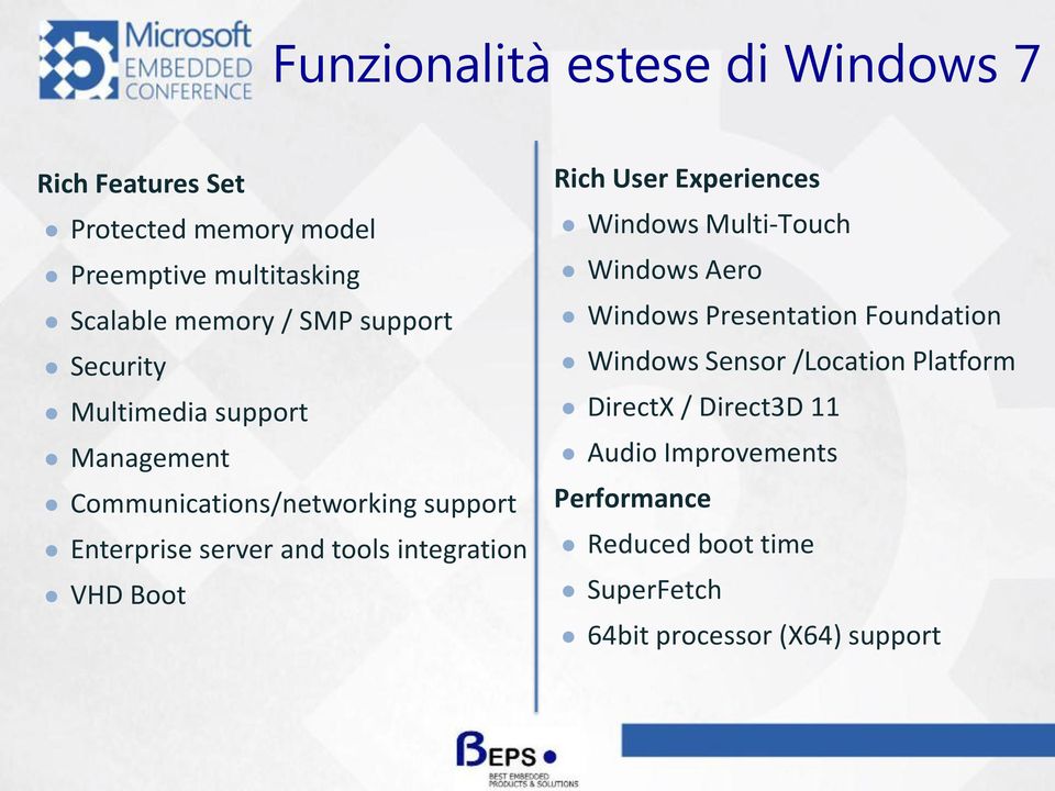 VHD Boot Rich User Experiences Windows Multi-Touch Windows Aero Windows Presentation Foundation Windows Sensor /Location