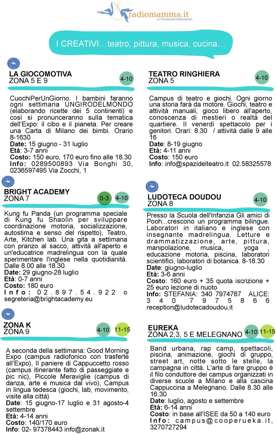 Orario 8-1630 Date: 15 giugno - 31 luglio Età: 3-7 anni Costo: 150 euro, 170 euro fino alle 18.30 Info: 0289500893 Via Bonghi 30, 0236597495 Via Zocchi, 1 Campus di teatro e giochi.