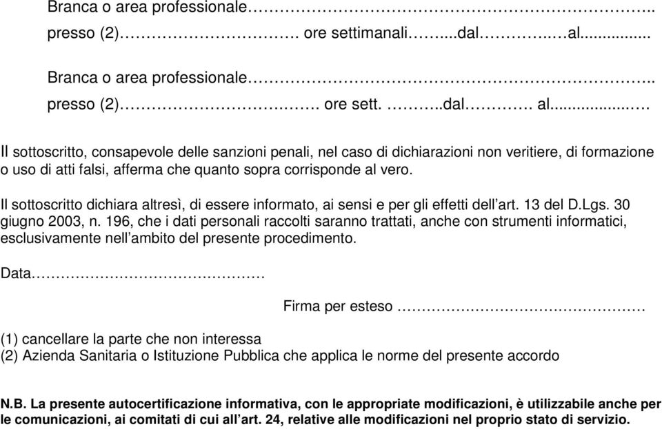 ... Il sottoscritto, consapevole delle sanzioni penali, nel caso di dichiarazioni non veritiere, di formazione o uso di atti falsi, afferma che quanto sopra corrisponde al vero.