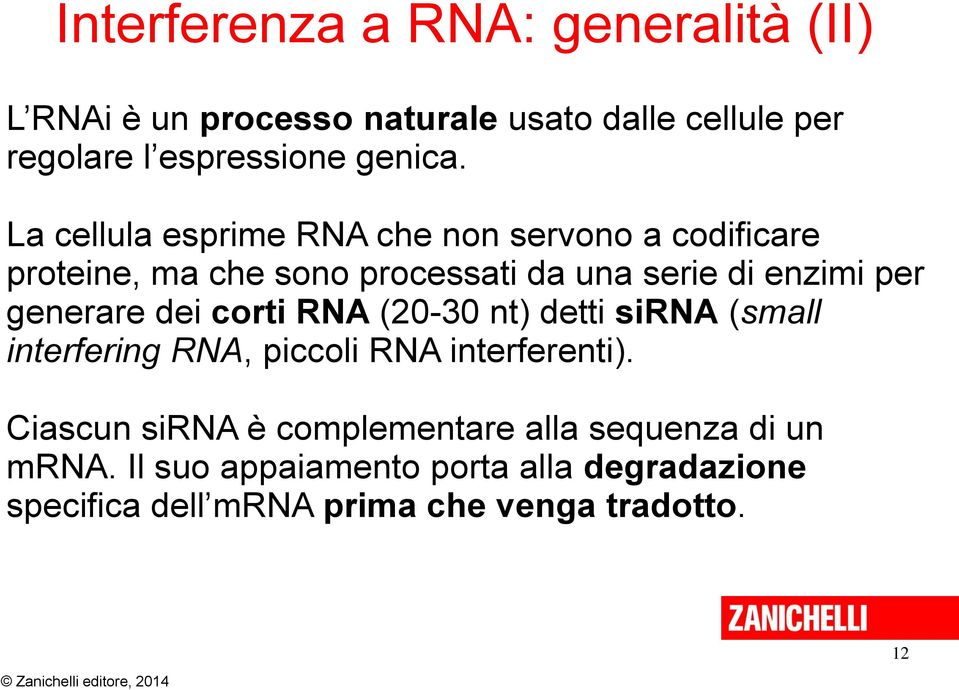 generare dei corti RNA (20-30 nt) detti sirna (small interfering RNA, piccoli RNA interferenti).