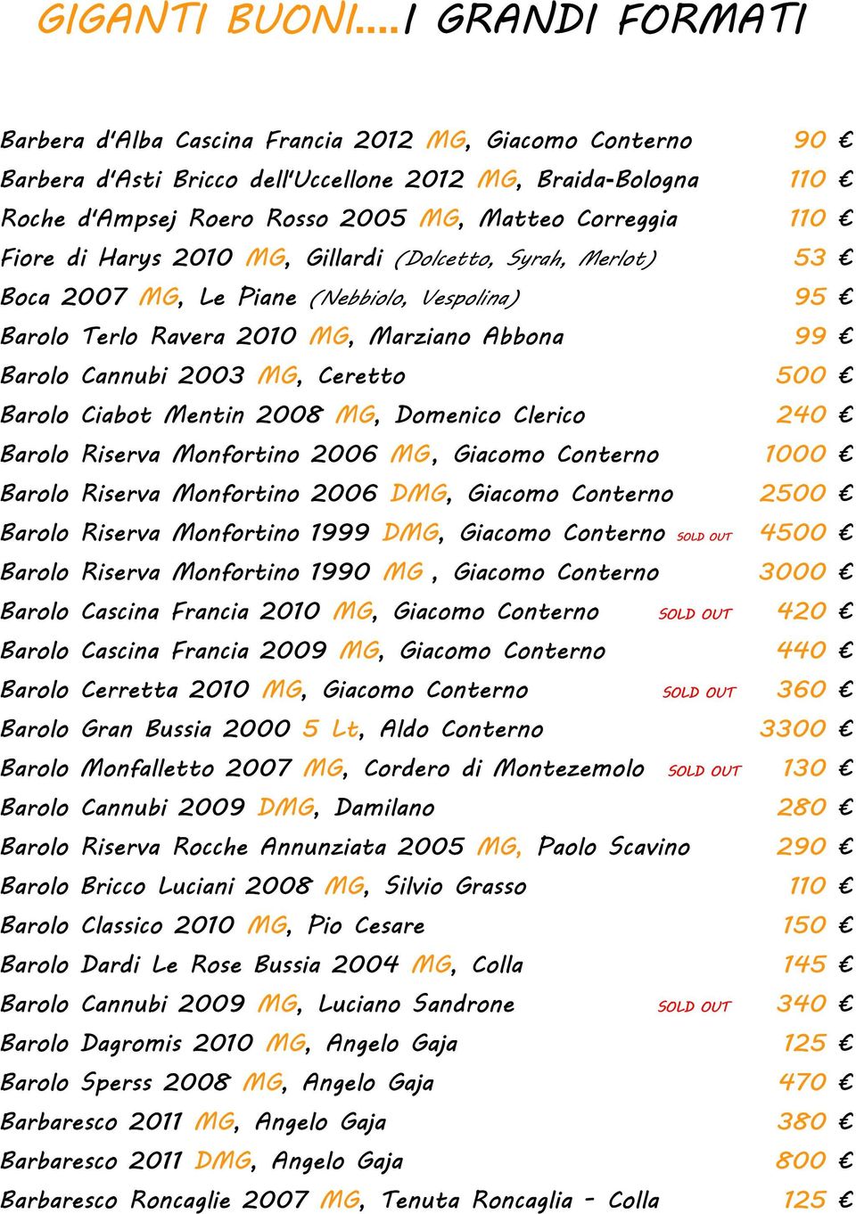 110 Fiore di Harys 2010 MG, Gillardi (Dolcetto, Syrah, Merlot) 53 Boca 2007 MG, Le Piane (Nebbiolo, Vespolina) 95 Barolo Terlo Ravera 2010 MG, Marziano Abbona 99 Barolo Cannubi 2003 MG, Ceretto 500