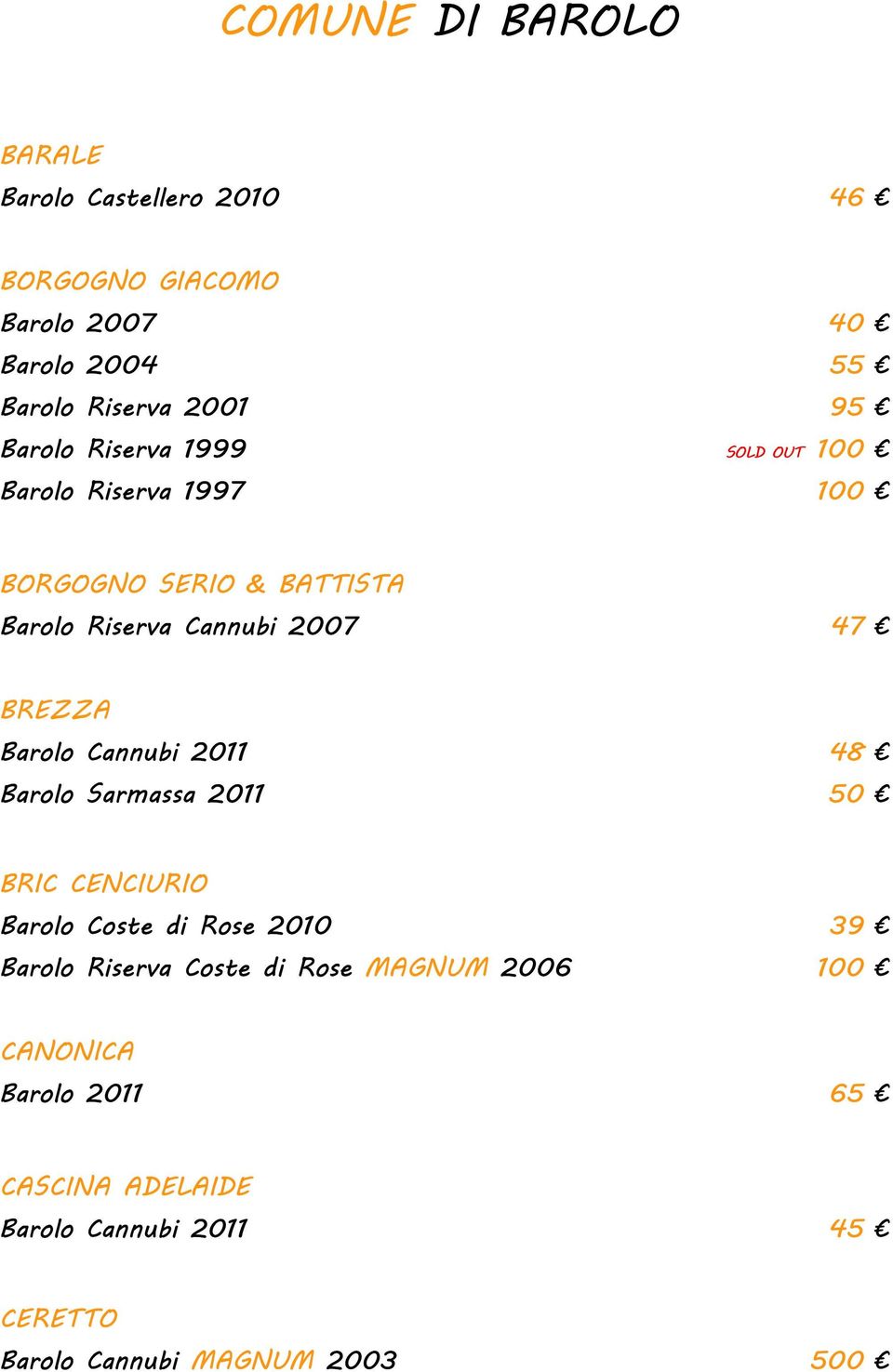 BREZZA Barolo Cannubi 2011 48 Barolo Sarmassa 2011 50 BRIC CENCIURIO Barolo Coste di Rose 2010 39 Barolo Riserva Coste