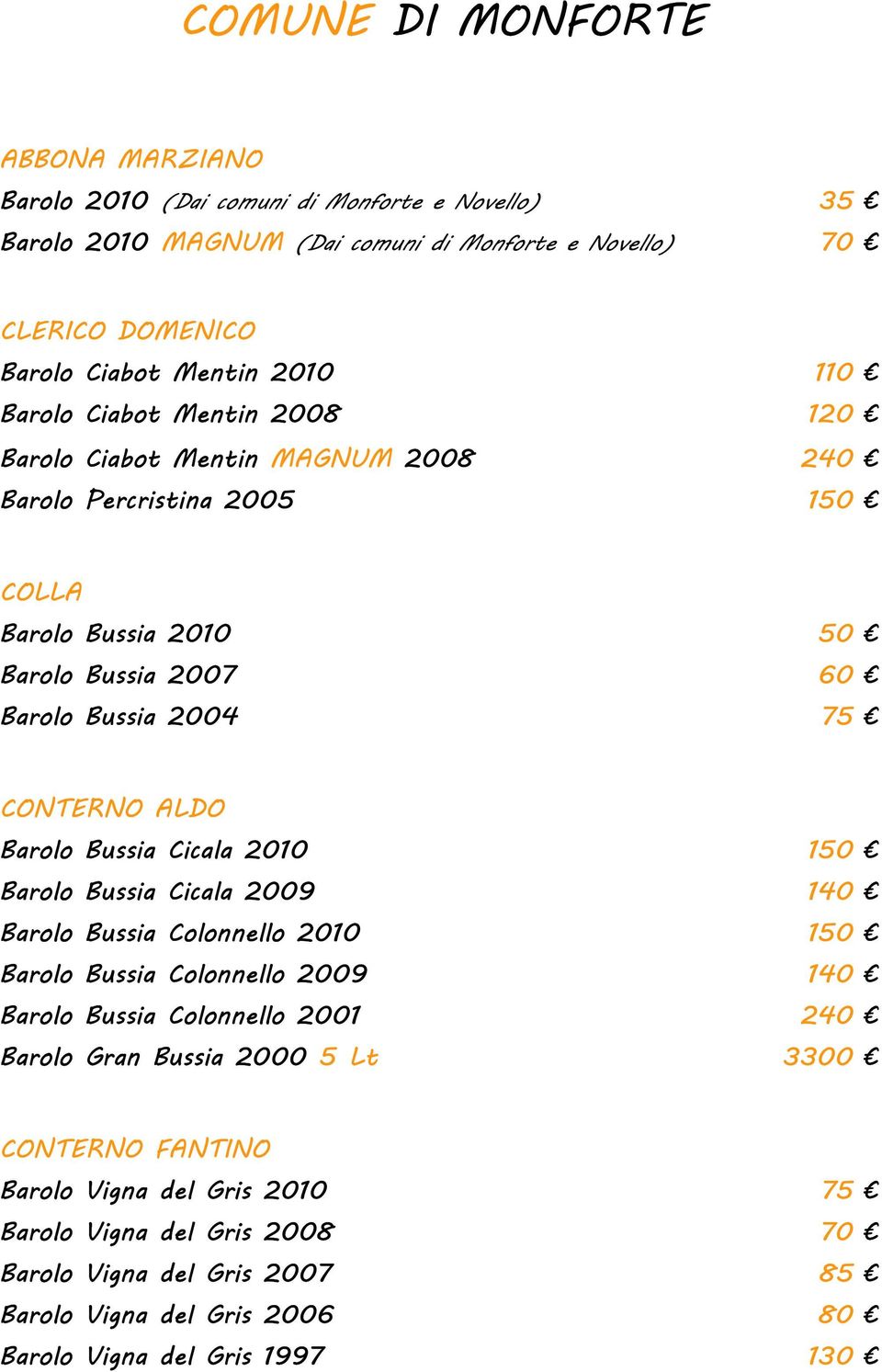 CONTERNO ALDO Barolo Bussia Cicala 2010 150 Barolo Bussia Cicala 2009 140 Barolo Bussia Colonnello 2010 150 Barolo Bussia Colonnello 2009 140 Barolo Bussia Colonnello 2001 240 Barolo