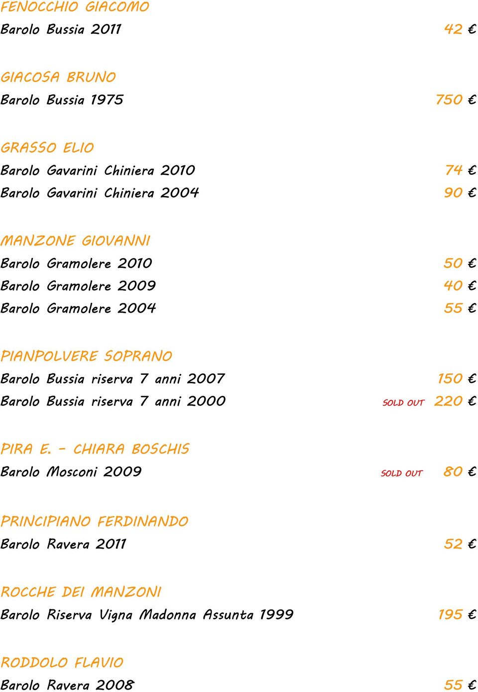 Bussia riserva 7 anni 2007 150 Barolo Bussia riserva 7 anni 2000 SOLD OUT 220 PIRA E.