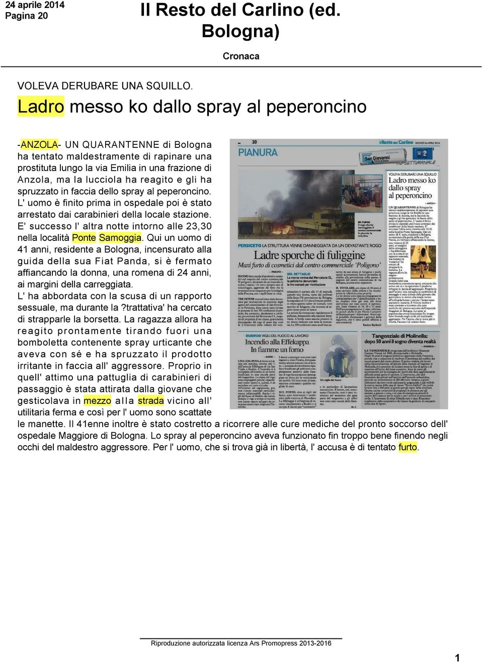 reagito e gli ha spruzzato in faccia dello spray al peperoncino. L' uomo è finito prima in ospedale poi è stato arrestato dai carabinieri della locale stazione.