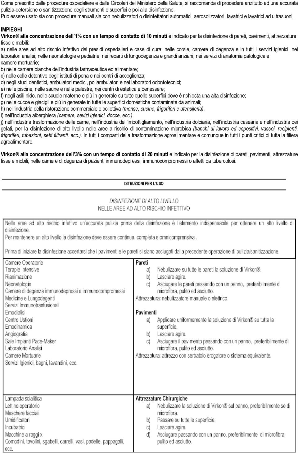 IMPIEGHI Virkon alla concentrazione dell 1% con un tempo di contatto di 10 minuti è indicato per la disinfezione di pareti, pavimenti, attrezzature fisse e mobili: a) nelle aree ad alto rischio