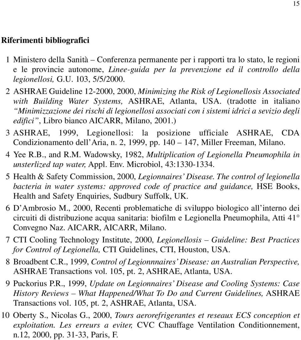 (tradotte in italiano Minimizzazione dei rischi di legionellosi associati con i sistemi idrici a sevizio degli edifici, Libro bianco AICARR, Milano, 2001.