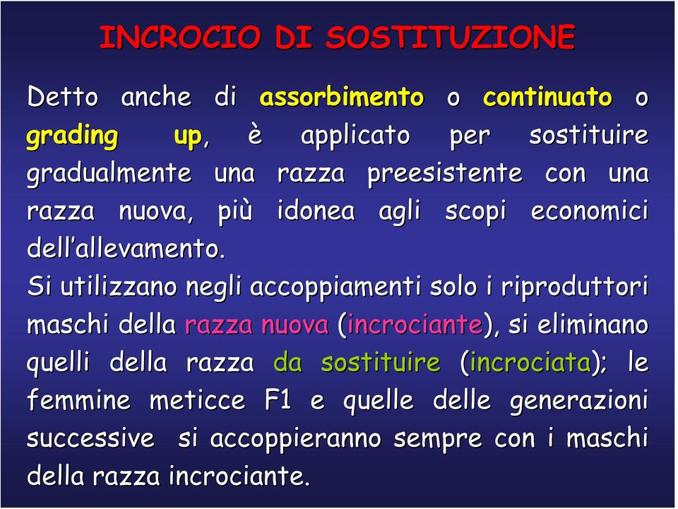 Si utilizzano negli accoppiamenti solo i riproduttori maschi della razza nuova (incrociante), si eliminano quelli della