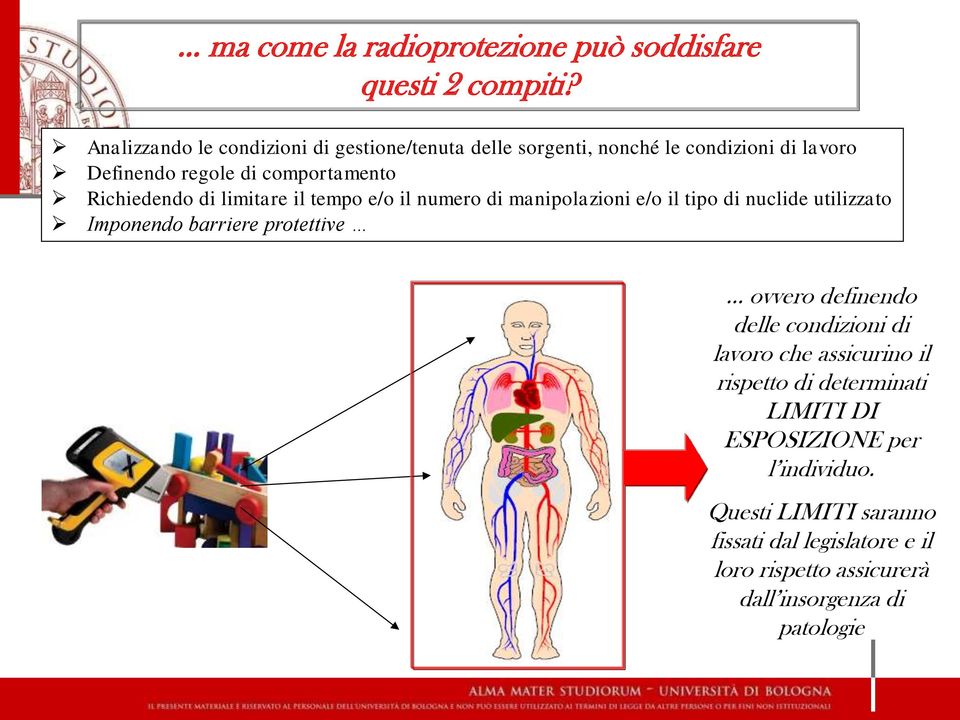 Richiedendo di limitare il tempo e/o il numero di manipolazioni e/o il tipo di nuclide utilizzato Imponendo barriere protettive ovvero