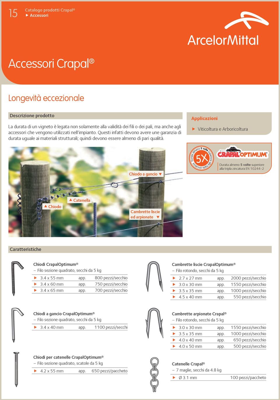 Viticoltura e Arboricoltura Chiodo a gancio Durata almeno 5 volte superiore alla tripla zincatura EN 10244-2 Chiodo Catenella Cambrette liscie ed arpionate Chiodi CrapalOptimum Filo sezione quadrato,