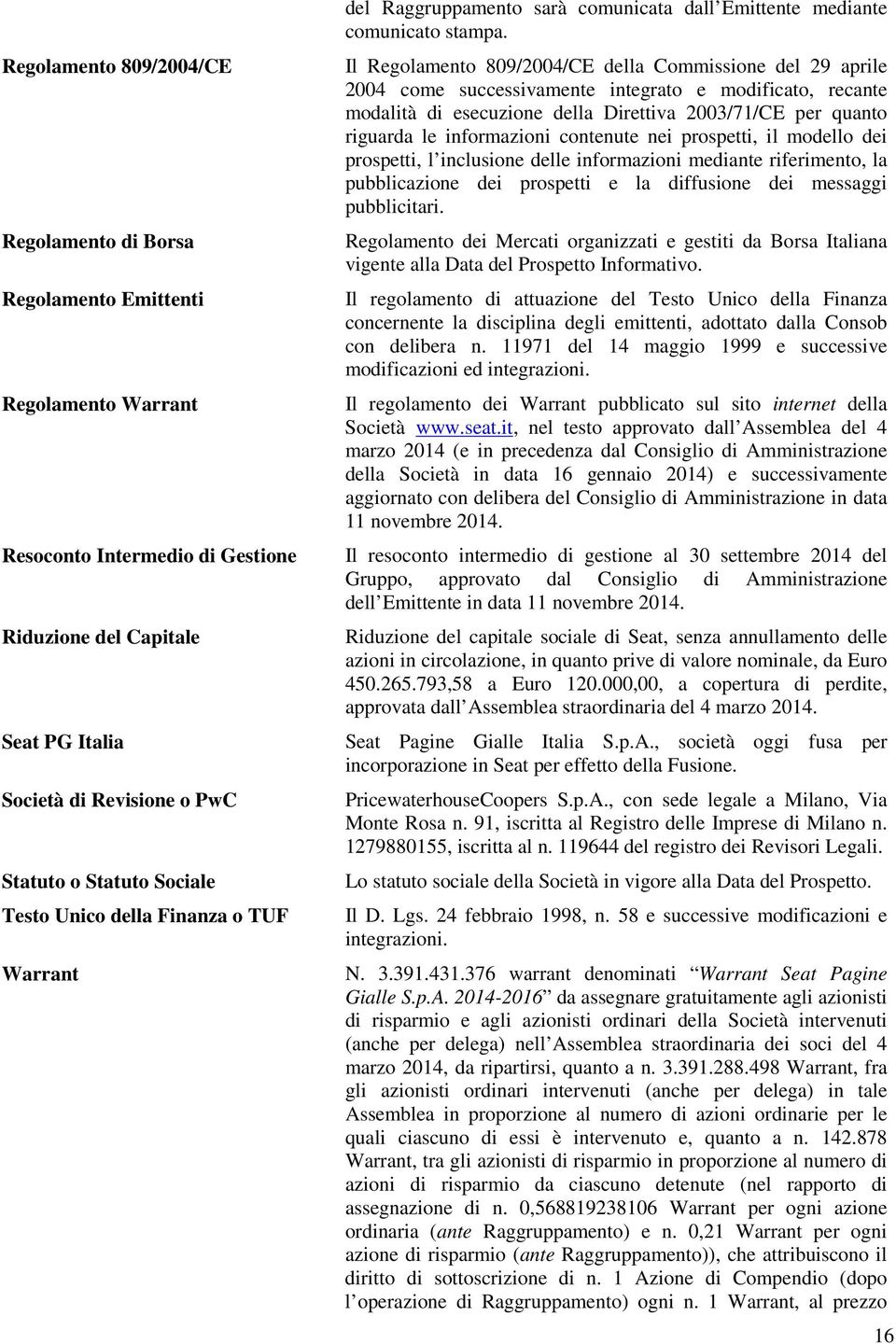 Il Regolamento 809/2004/CE della Commissione del 29 aprile 2004 come successivamente integrato e modificato, recante modalità di esecuzione della Direttiva 2003/71/CE per quanto riguarda le