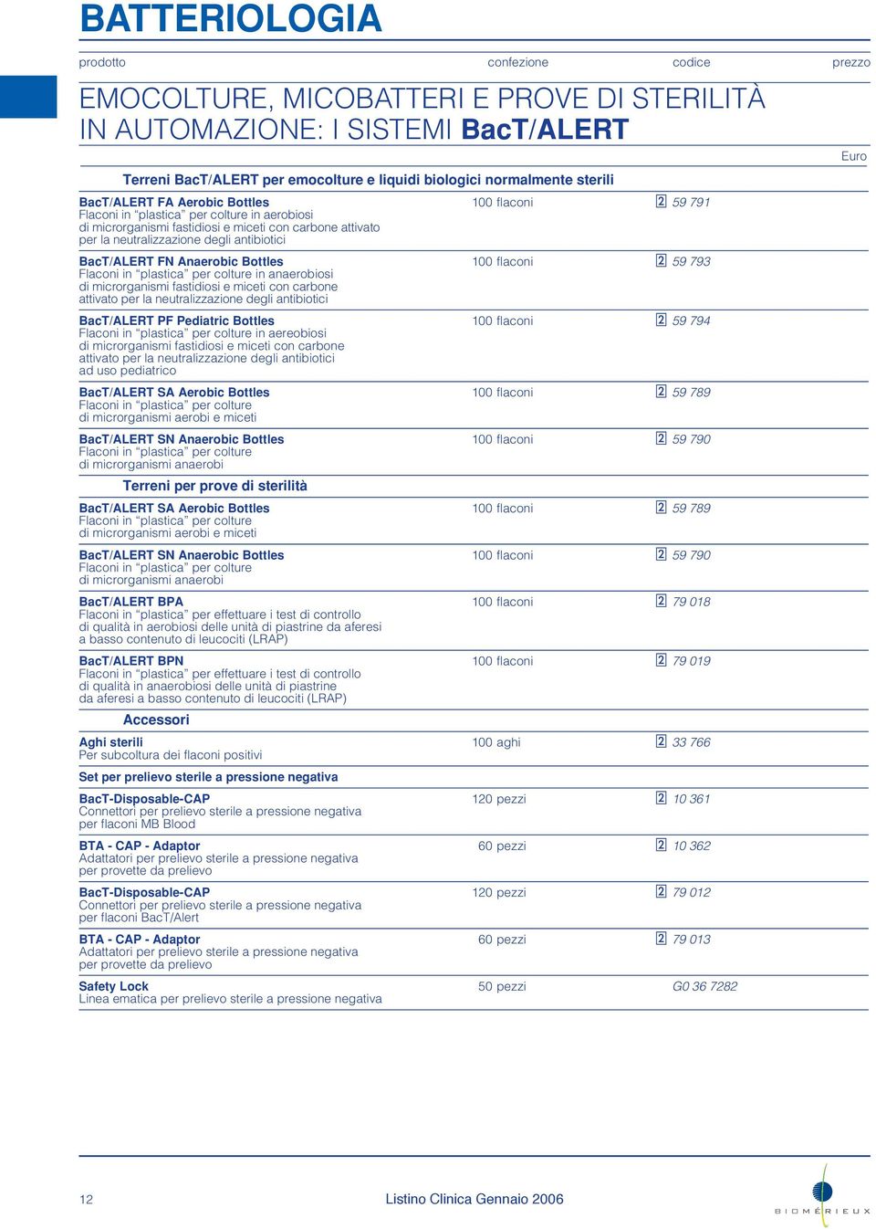 flaconi 59 793 Flaconi in plastica per colture in anaerobiosi di microrganismi fastidiosi e miceti con carbone attivato per la neutralizzazione degli antibiotici BacT/ALERT PF Pediatric Bottles 100