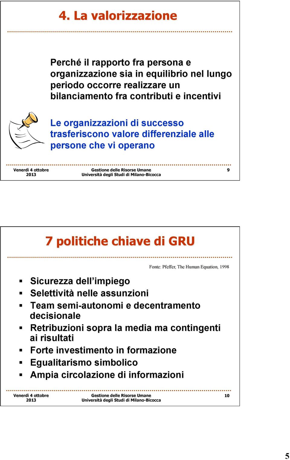 Fonte: Pfeffer, The Human Equation, 1998 Sicurezza dell impiego Selettività nelle assunzioni Team semi-autonomi e decentramento decisionale