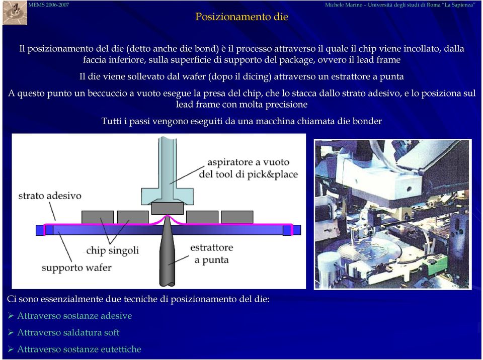 beccuccio a vuoto esegue la presa del chip, che lo stacca dallo strato adesivo, e lo posiziona i sul lead frame con molta precisione Tutti i passi vengono eseguiti