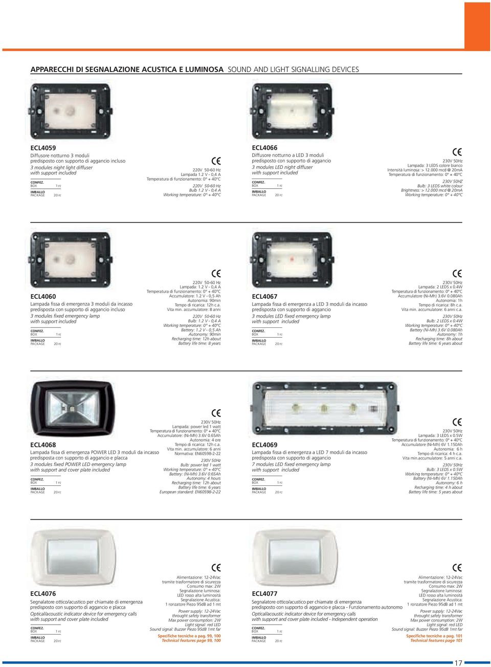 2 V - 0,4 A Working temperature: 0 + 40 C ECL4066 Diffusore notturno a LED 3 moduli predisposto con supporto di aggancio 3 modules LED night diffuser with support included 230V 50Hz Lampada: 3 LEDS