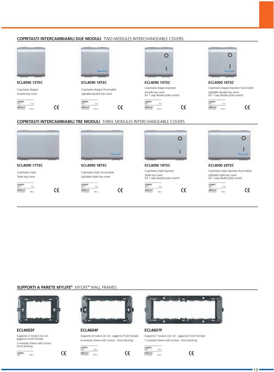 COPRITASTI INTERCAMBIABILI TRE MODULI THREE MODULES INTERCHANGEABLE COVERS ECL4090 17TEC ECL4090 18TEC ECL4090 19TEC ECL4090 20TEC Copritasto triplo Triple key cover Copritasto triplo illuminabile