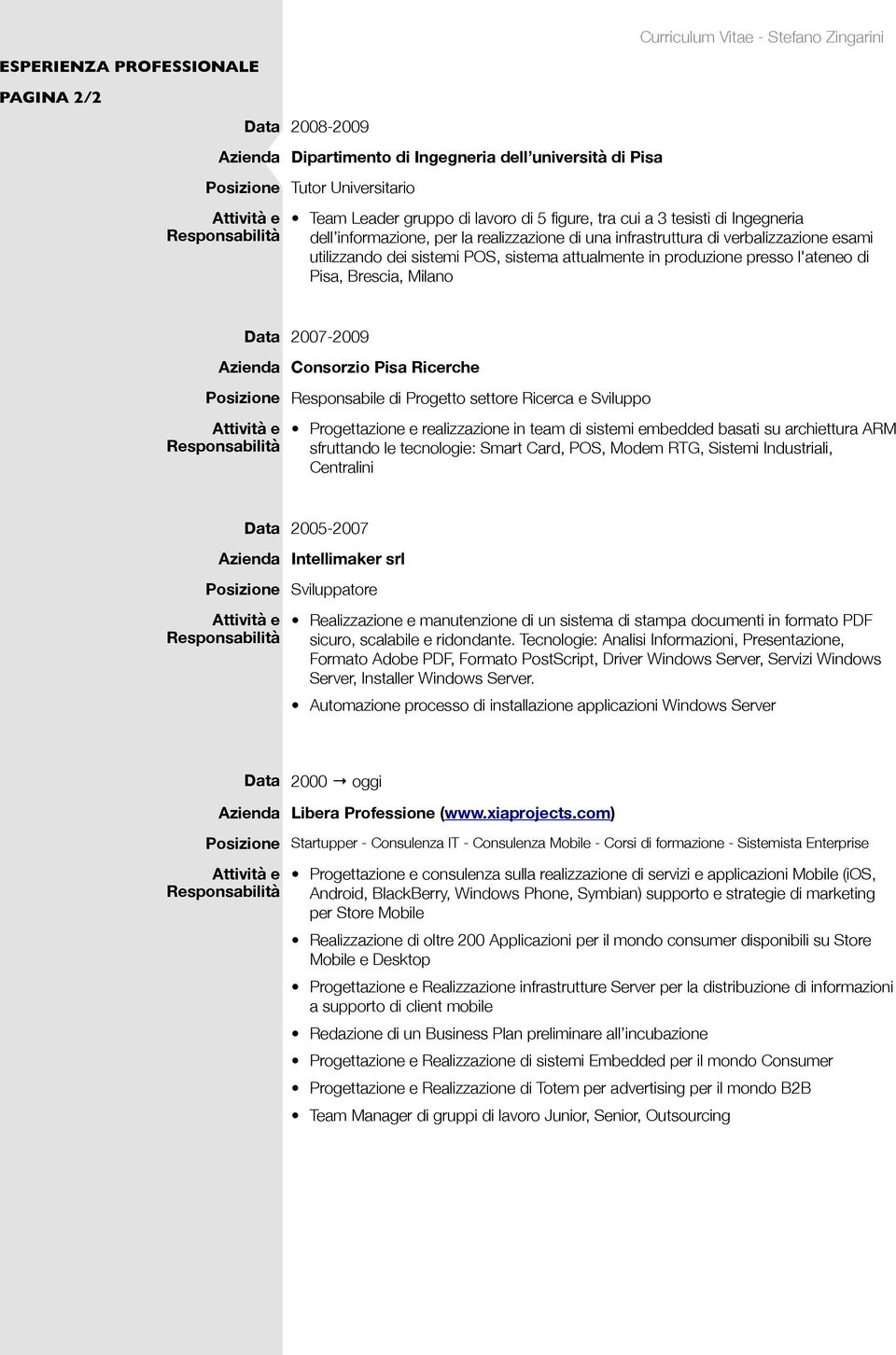 produzione presso l'ateneo di Pisa, Brescia, Milano Data 2007-2009 Azienda Consorzio Pisa Ricerche Posizione Responsabile di Progetto settore Ricerca e Sviluppo Progettazione e realizzazione in team