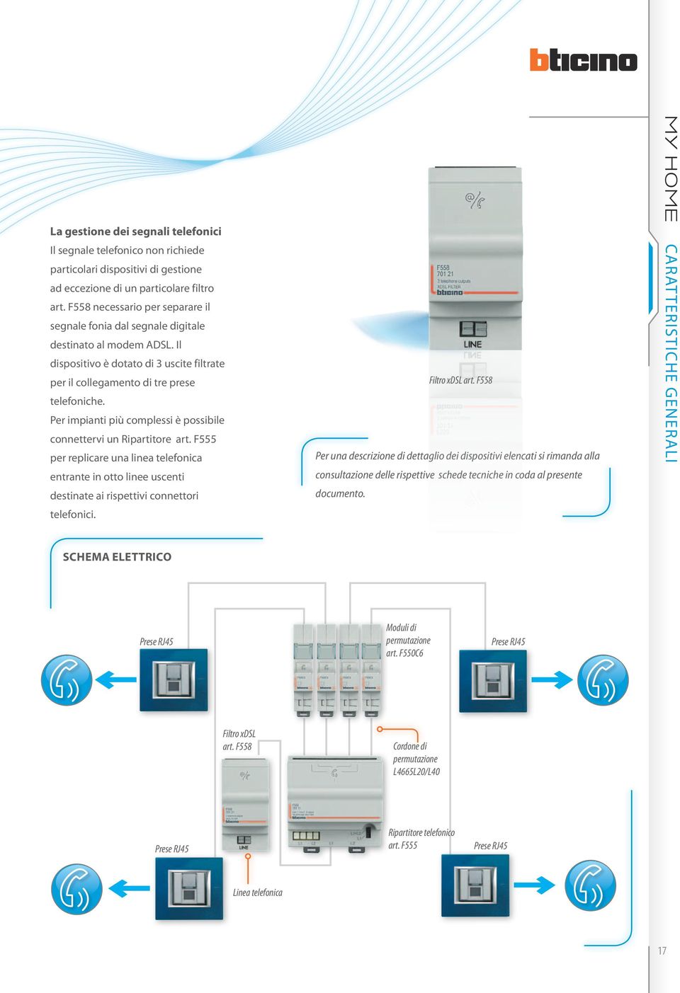 Per impianti più complessi è possibile connettervi un Ripartitore art. F555 per replicare una linea telefonica entrante in otto linee uscenti destinate ai rispettivi connettori telefonici.